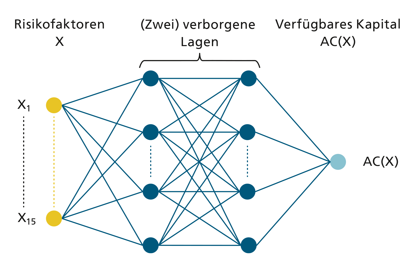 Schematisches Neuronales Netz zur Berechnung des verfügbaren Kapitals